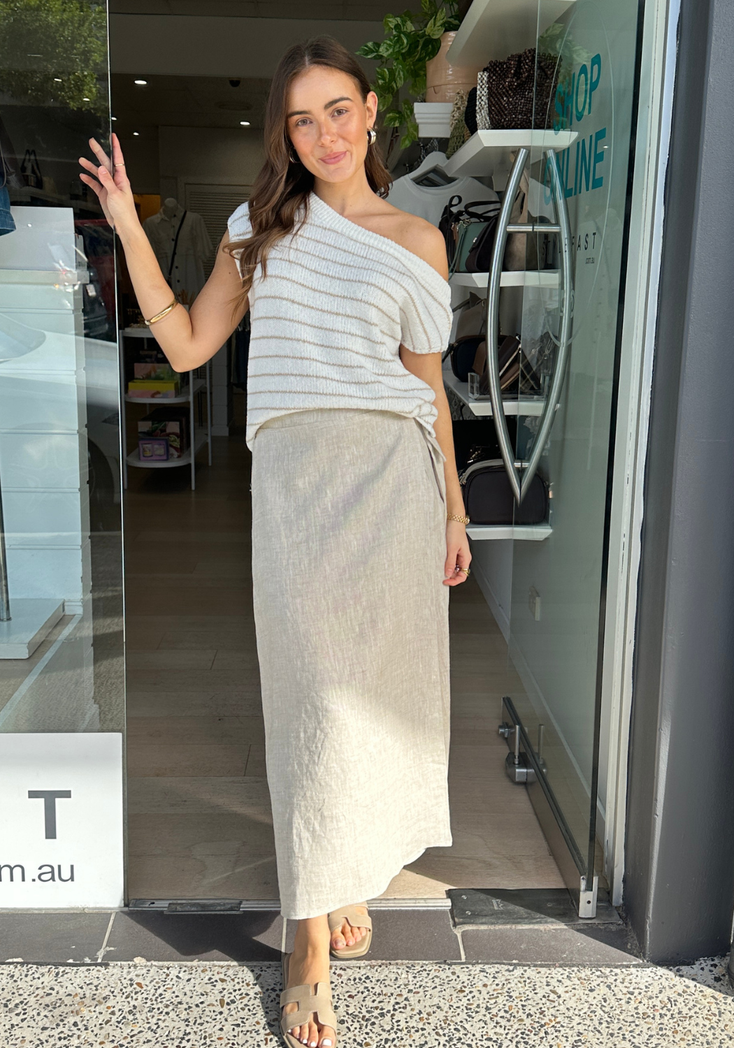 MADISON OFF THE SHOULDER KNIT TOP - WHITE & BEIGE STRIPE