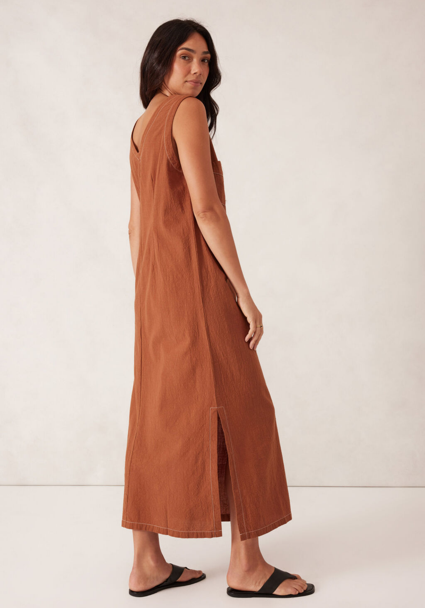 CERES LIFE BUTTON THROUGH MIDI SHIFT DRESS - BURNT CAMEL