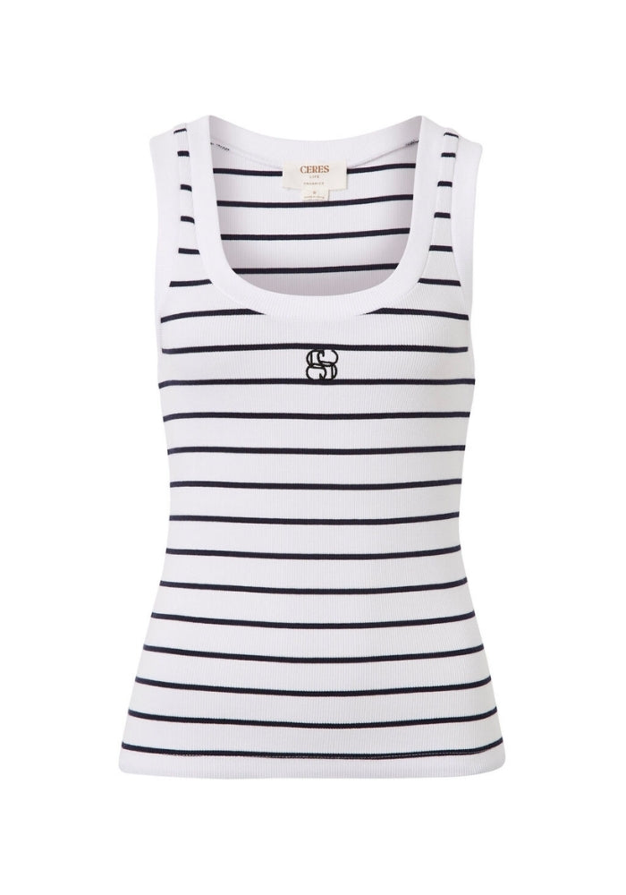 Load image into Gallery viewer, CERES LIFE CONTOUR SCOOP TANK - WHITE &amp; NAVY STRIPE