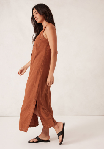 CERES LIFE BUTTON THROUGH MIDI SHIFT DRESS - BURNT CAMEL