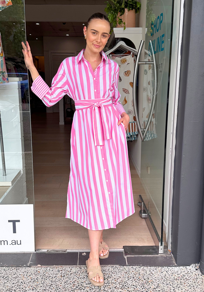 Load image into Gallery viewer, KEHLANI MAXI SHIRTDRESS - PINK STRIPE