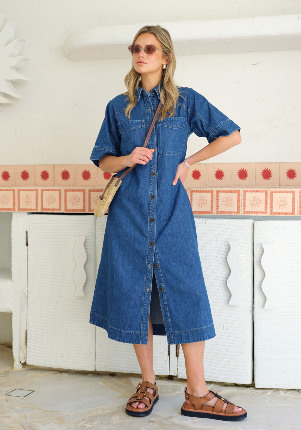 CERES LIFE AVA YOKE DETAIL MIDI DRESS - FRESH INDIDO