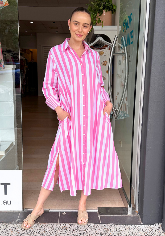 Load image into Gallery viewer, KEHLANI MAXI SHIRTDRESS - PINK STRIPE