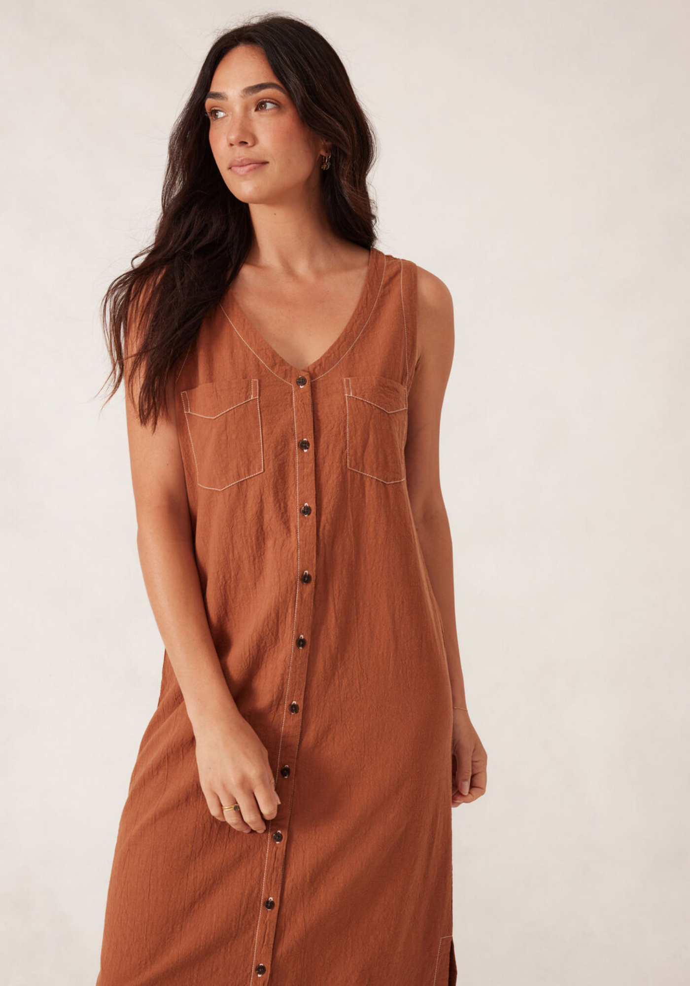 CERES LIFE BUTTON THROUGH MIDI SHIFT DRESS - BURNT CAMEL