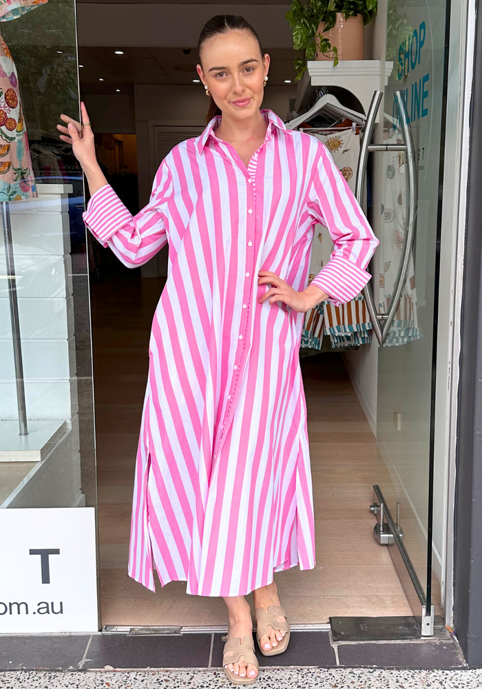 Load image into Gallery viewer, KEHLANI MAXI SHIRTDRESS - PINK STRIPE