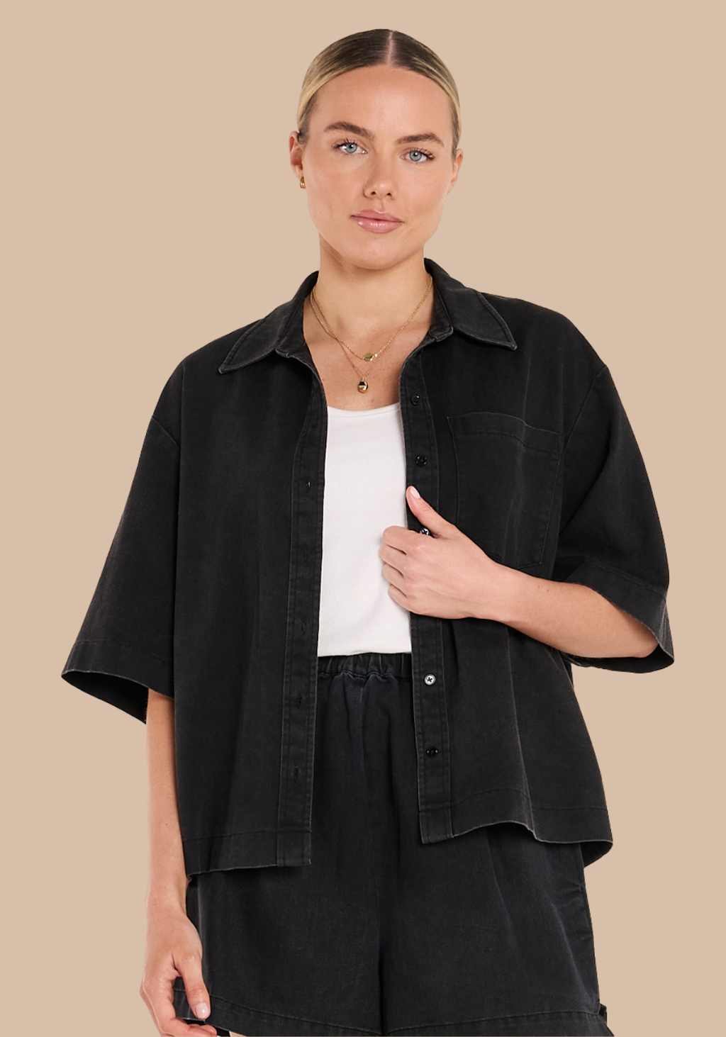 FEATHER + NOISE ARLO CROPPED SHIRT - BLACK