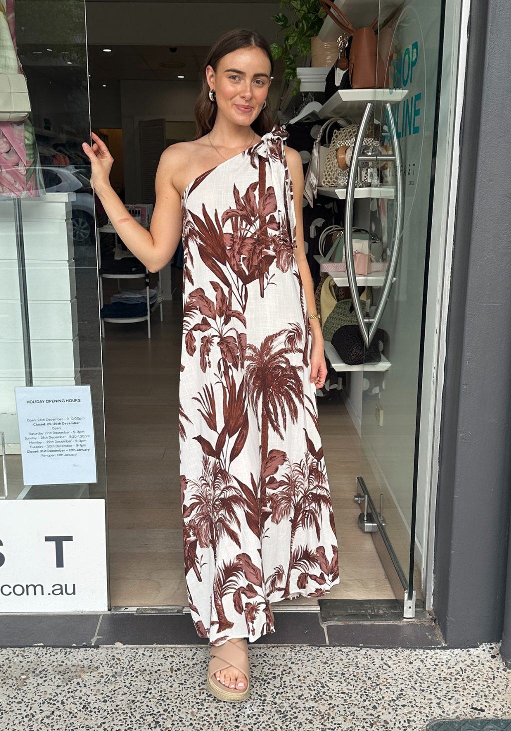 ELVA ONE SHOULDER MAXI DRESS - CHOCOLATE PALM