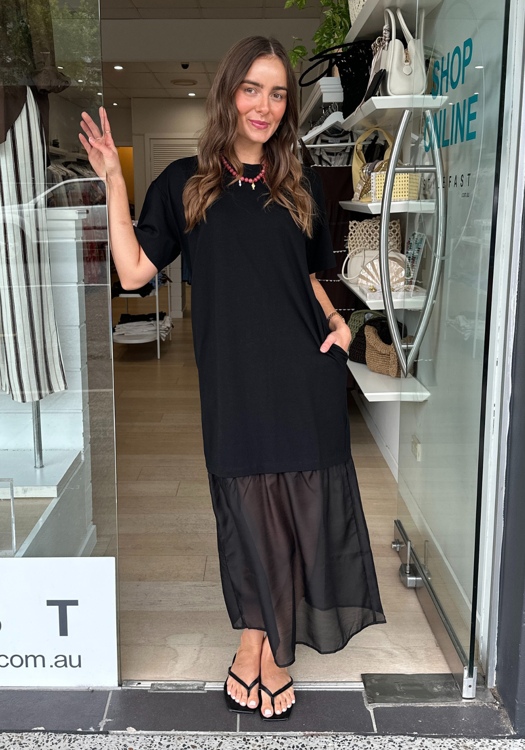 LARA SHEER HEM TEE DRESS - BLACK