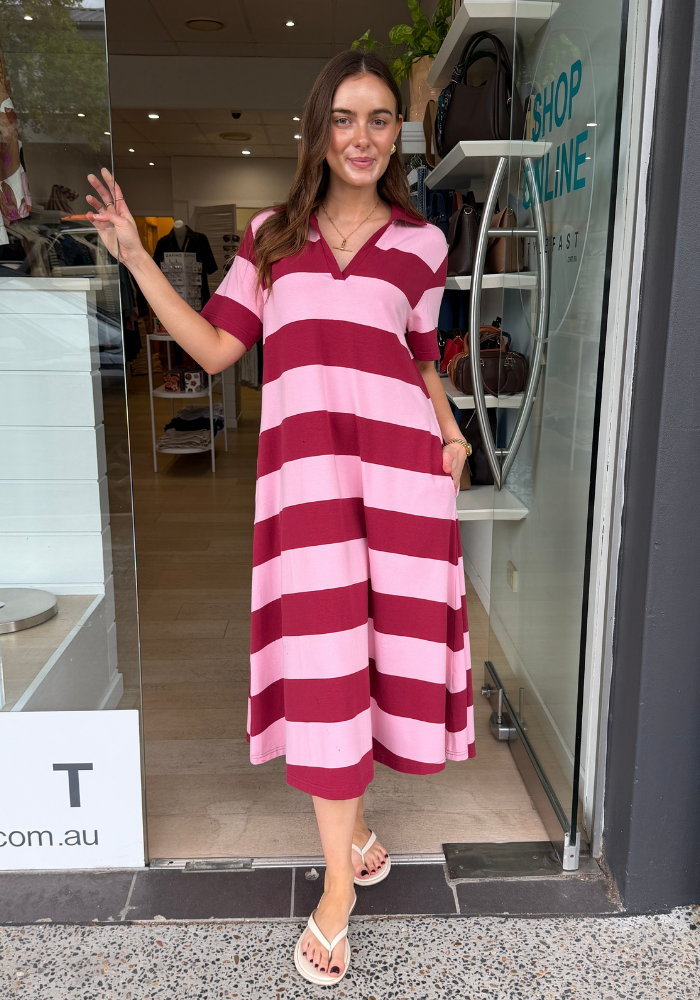 BROOKE COTTON JERSEY MIDI DRESS - PINK/BURGUNDY STRIPE