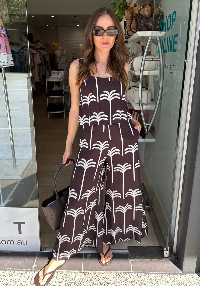 ANIKA JUMPSUIT - CHOCOLATE PALM PRINT