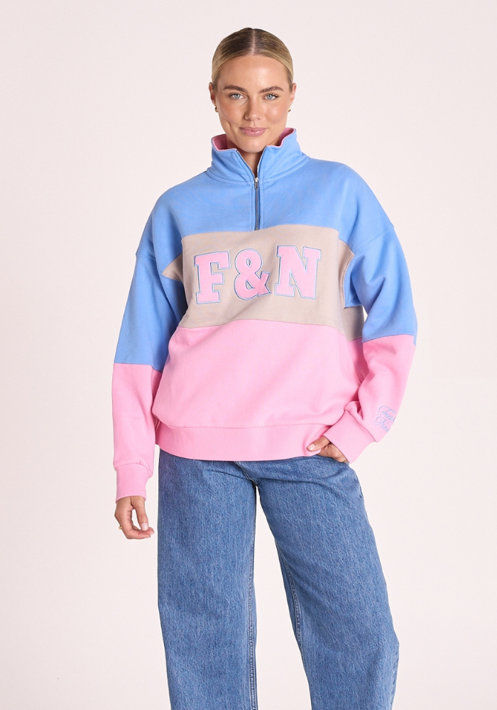 FEATHER + NOISE VARSITY LOGO SWEATER - PINK STRIPE