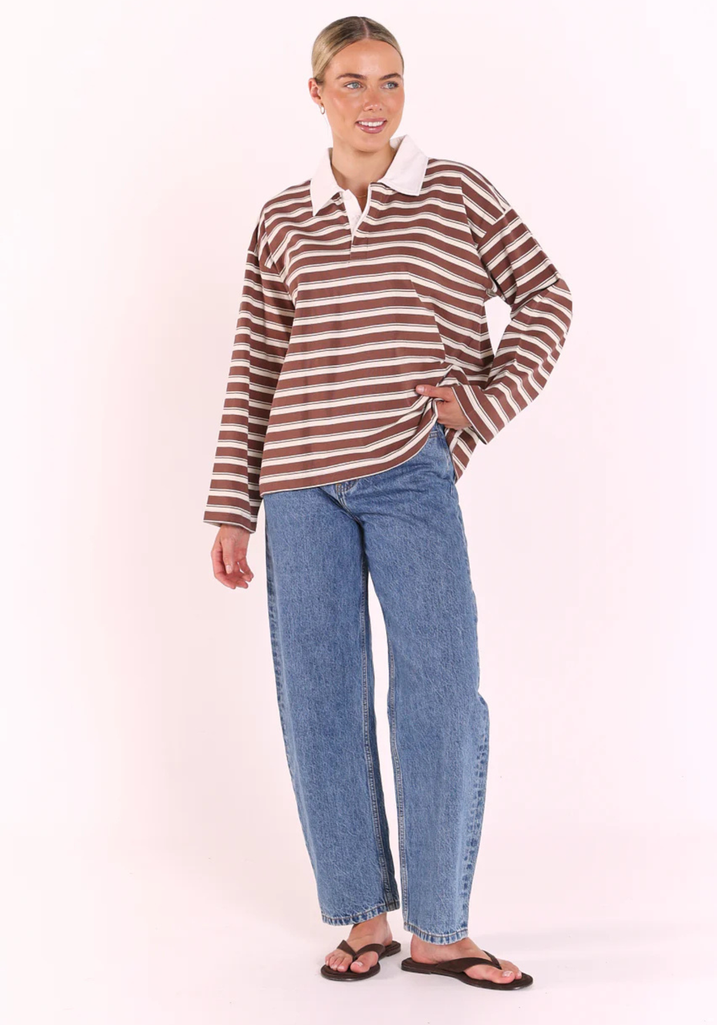 FEATHER + NOISE FINN LONG SLEEVE RUGBY TOP - CHOC/CREAM STRPE