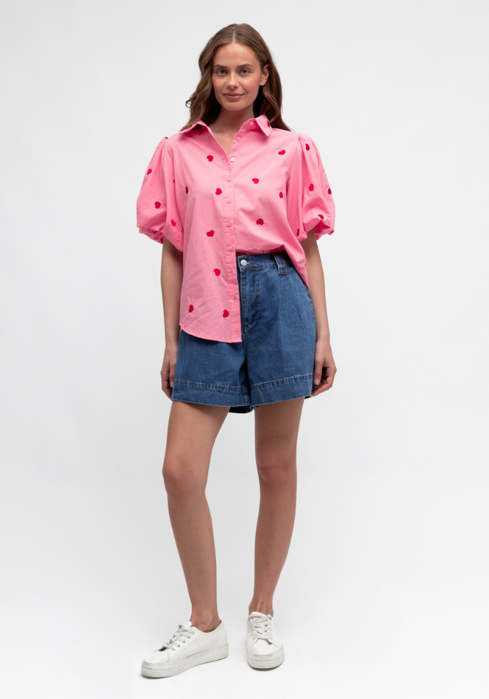 CARMEN HEART BUTTON THROUGH SHIRT - PINK/ RED HEART