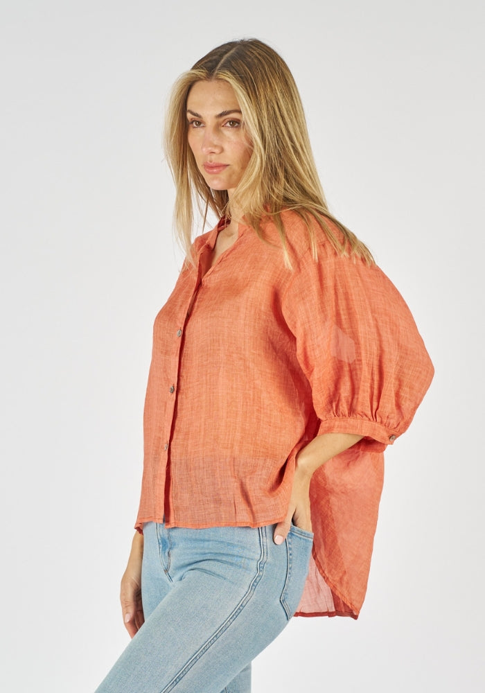 AURORA BUTTON THROUGH LINEN SHIRT - ORANGE