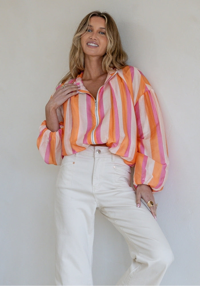 JENNI ZIP BLOUSE - ORANGE & PINK STRIPE