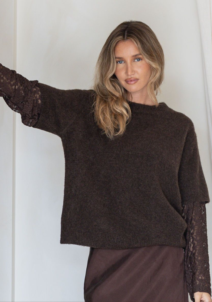 LANI LACE SLEEVE DETAIL KNIT - COFFEE