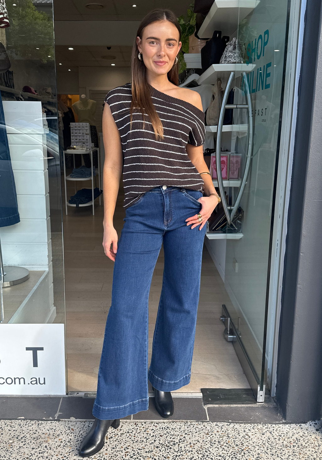 MADISON OFF THE SHOULDER KNIT TOP - CHOCOLATE & WHITE STRIPE