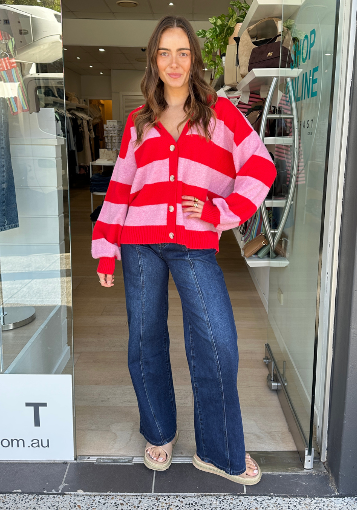 YANA V NECK KNIT - RED/PINK STRIPE