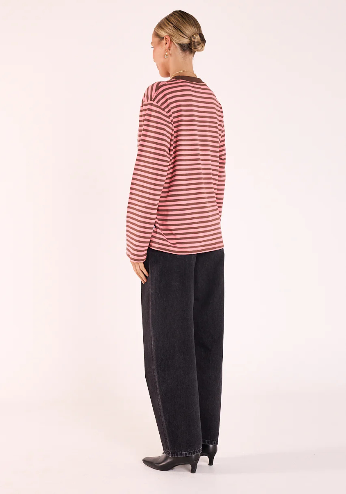 FEATHER + NOISE CARTER LONG SLEEVE TEE - CHOC/PINK STRIPE