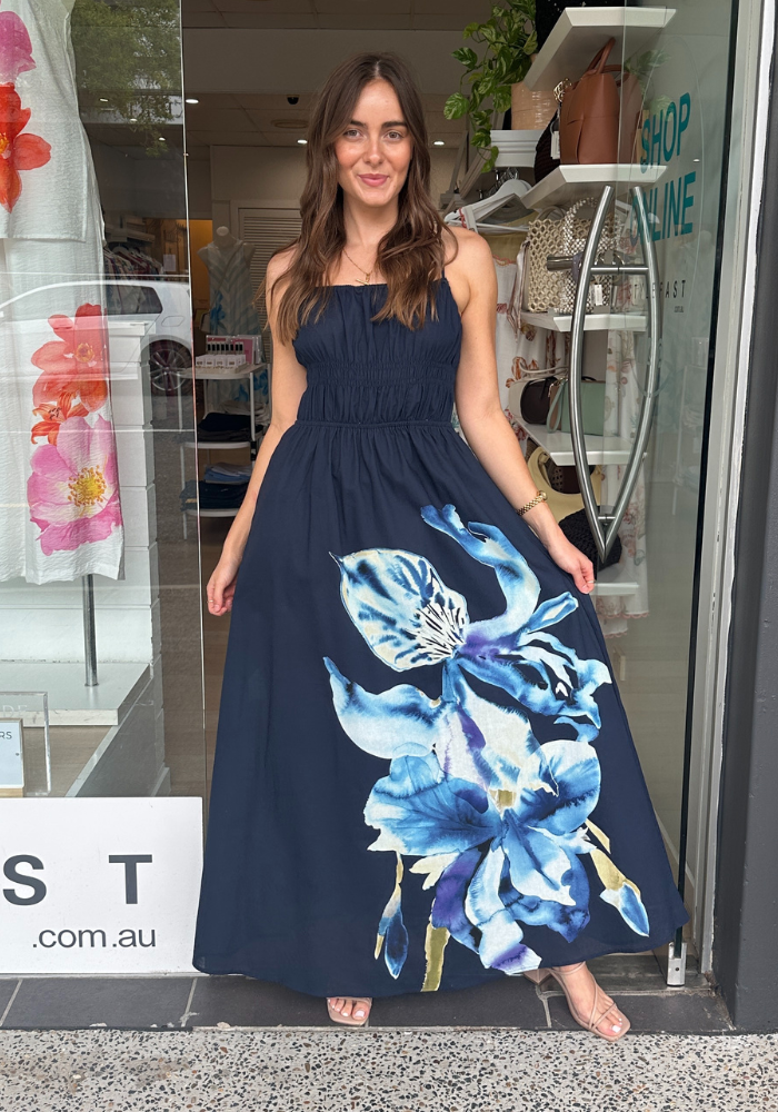EMILIA SHIRRED BODICE MAXI DRESS - NAVY FLORAL
