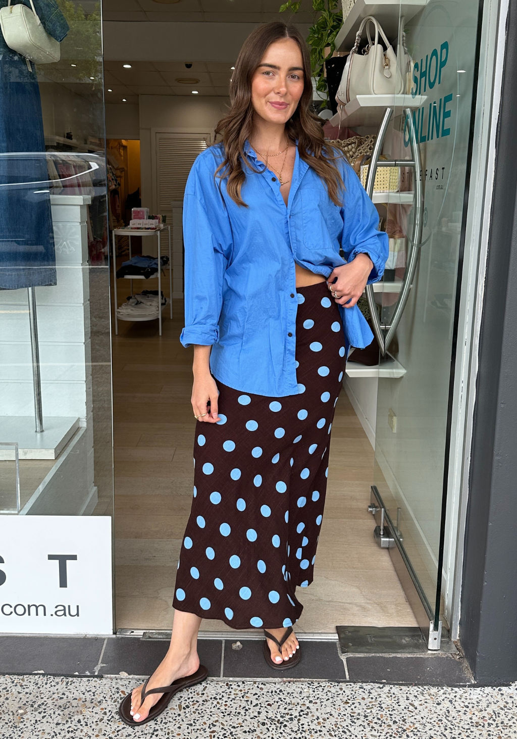 SABRINA MIDI SKIRT - CHOCOLATE & BLUE SPOT