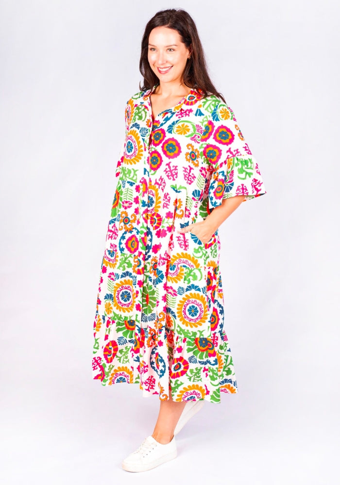 Load image into Gallery viewer, CRYSTAL TIERED MIDI DRESS - NEON FLORAL