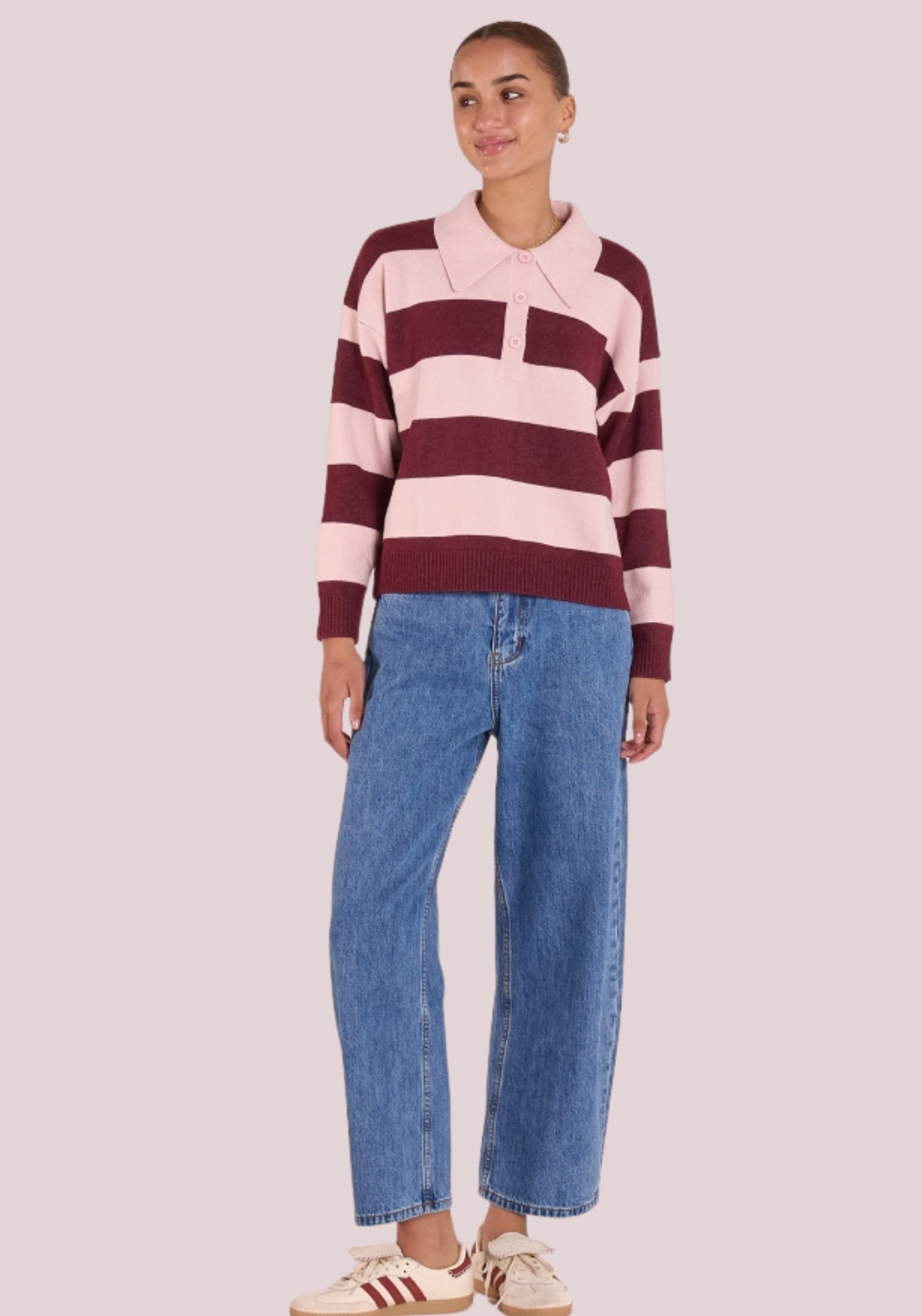FEATHER + NOISE STEFI RUGBY KNIT - PINK BURGUNDY