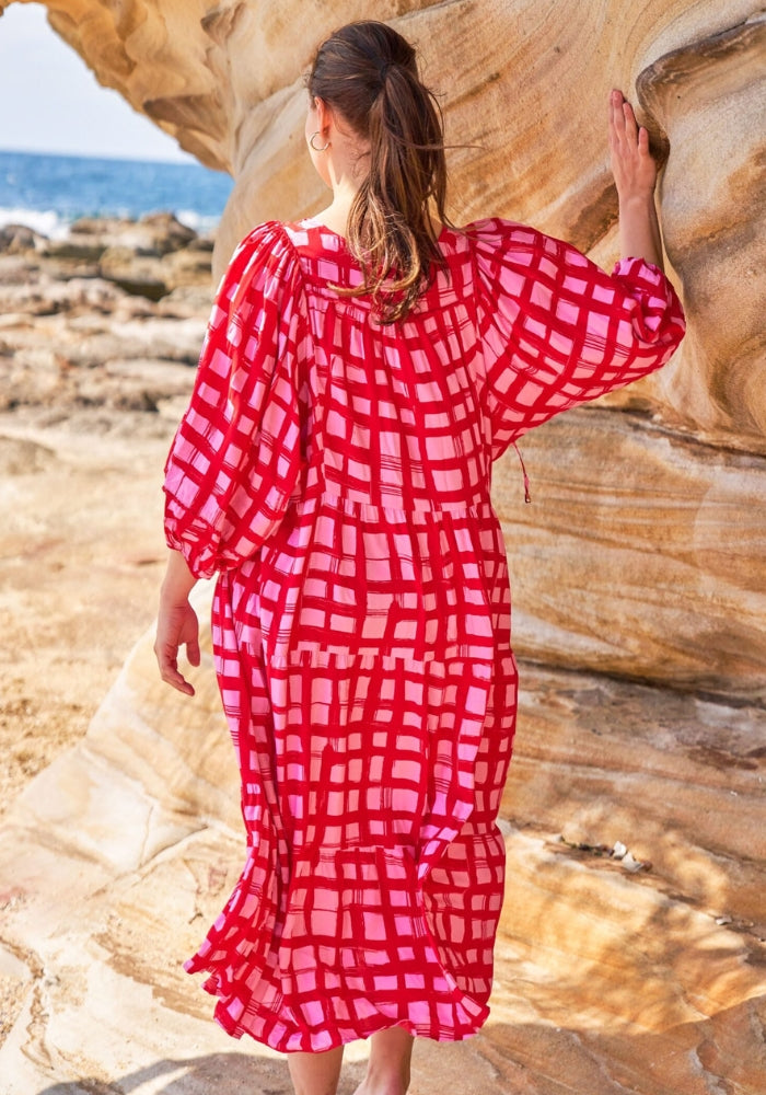 Load image into Gallery viewer, BETHANY BATWING SLEEVE MIDI DRESS - RED AND PINK CHECK
