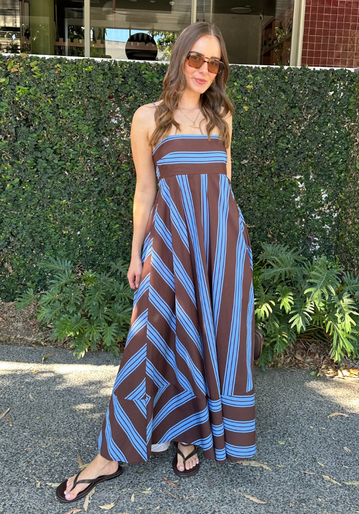 TAHLIA MAXI DRESS - CHOCOLATE & BLUE STRIPE