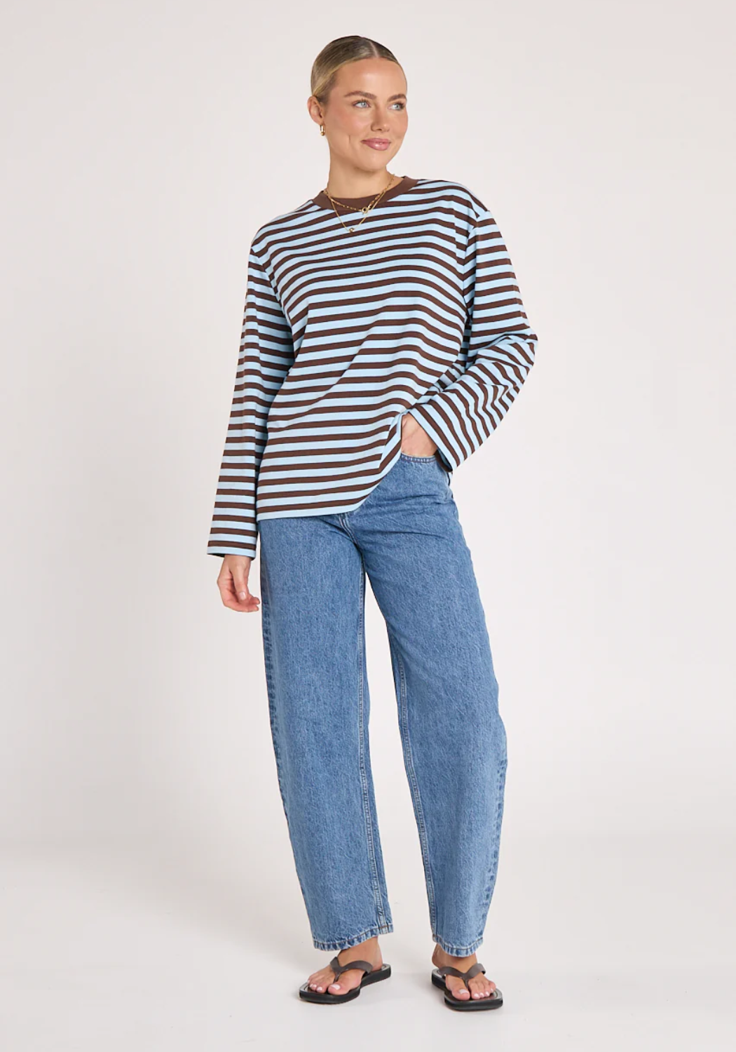 FEATHER + NOISE CARTER LONG SLEEVE TEE - CHOC/BLUE