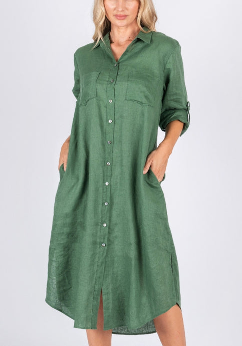 MIRANDA LINEN SHIRT DRESS -  SAGE GREEN