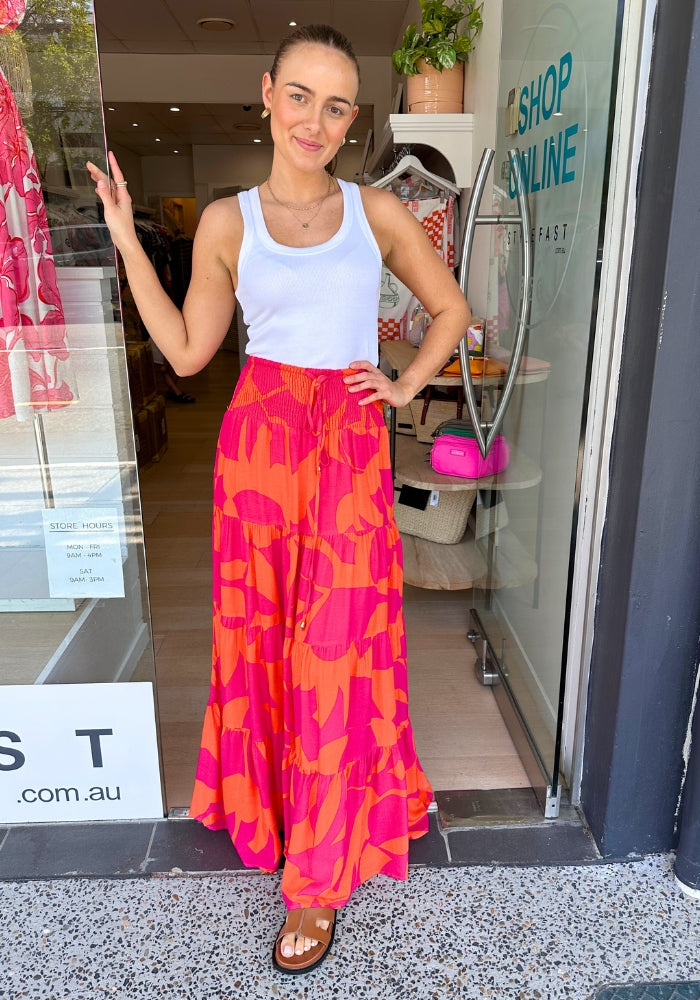Load image into Gallery viewer, CARRIE TIERED MAXI SKIRT - PINK &amp; ORANGE PRINT