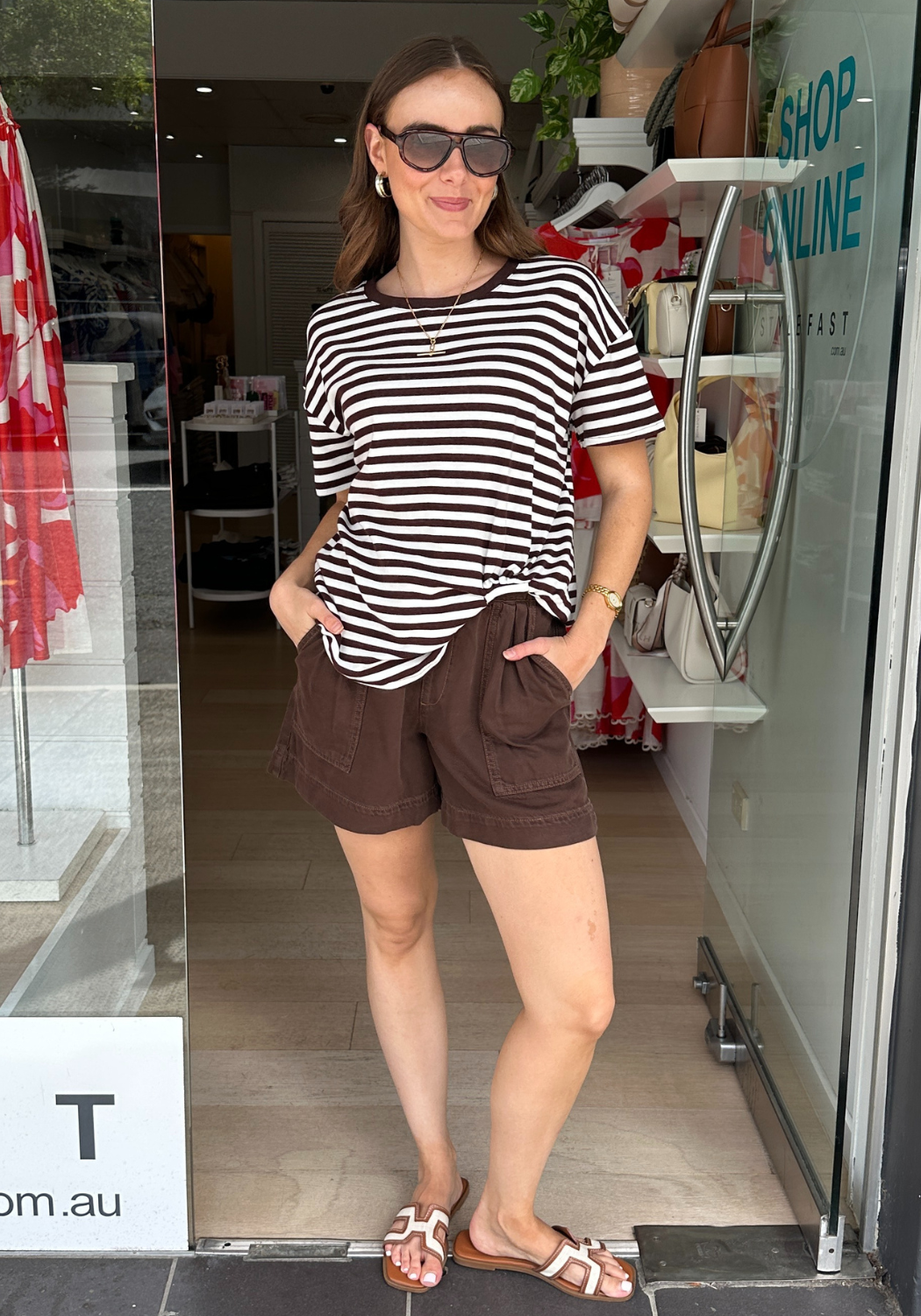 JESSIE EASY TUCK TEE - CHOCOLATE STRIPE