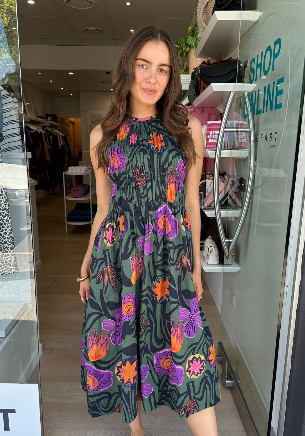 ITAMI MACHALA COTTON RUCHED DRESS - KHAKI PRINT