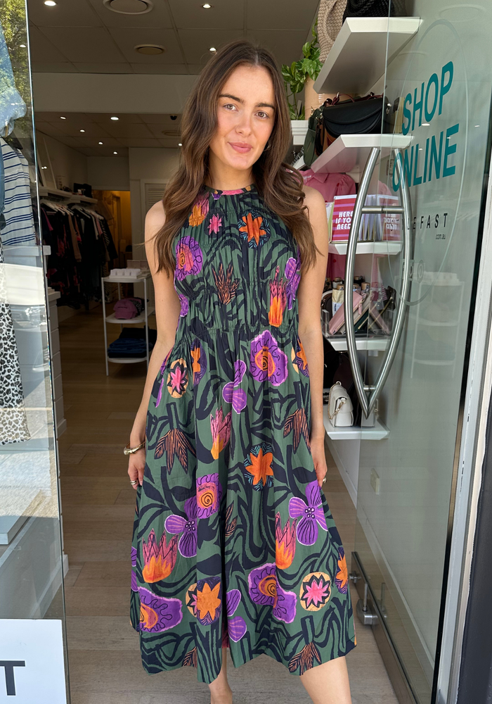ITAMI MACHALA COTTON RUCHED DRESS - KHAKI PRINT