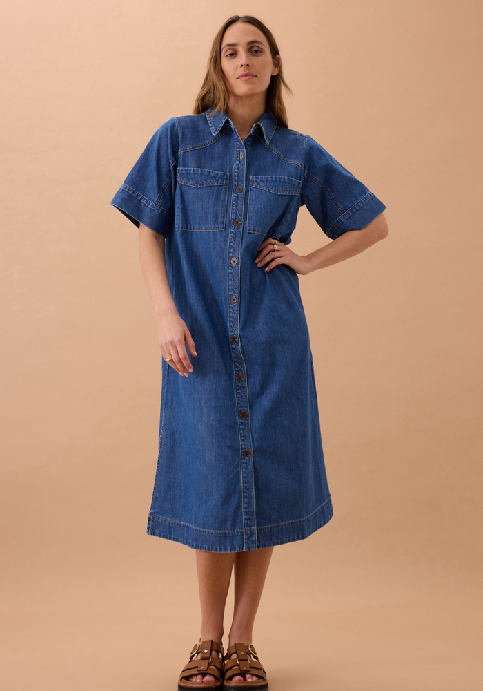 Load image into Gallery viewer, CERES LIFE AVA YOKE DETAIL MIDI DRESS - FRESH INDIDO