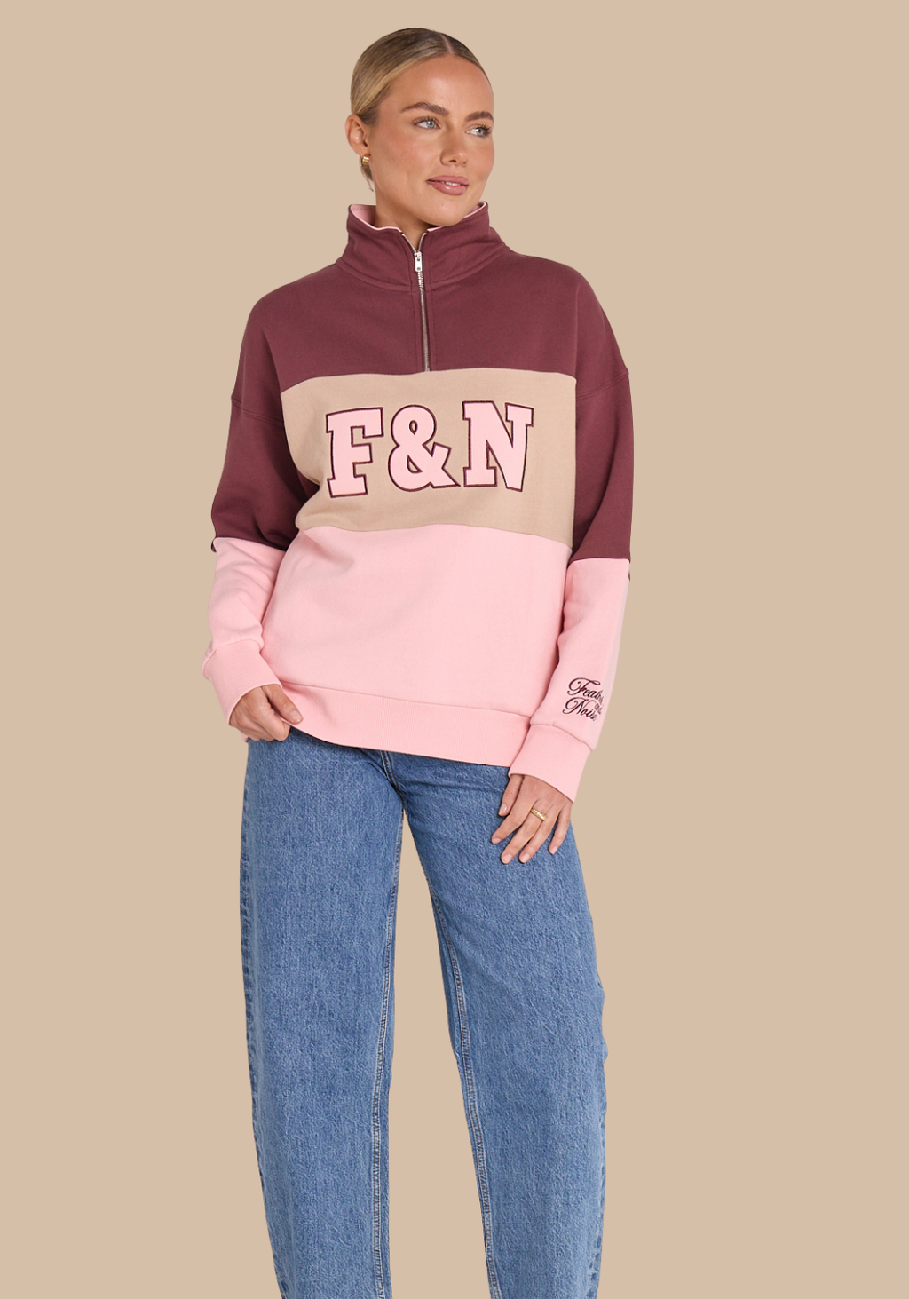 FEATHER + NOISE VARSITY LOGO SWEATER - PINK PLUM