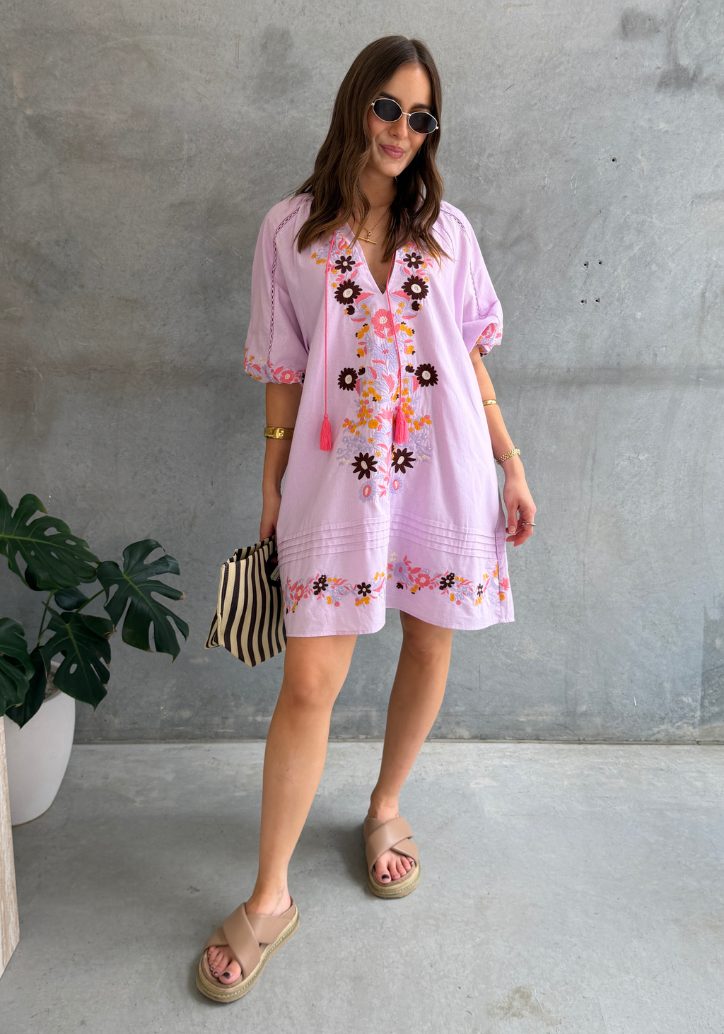 SANDRA EMBROIDERED MINI DRESS - LILAC