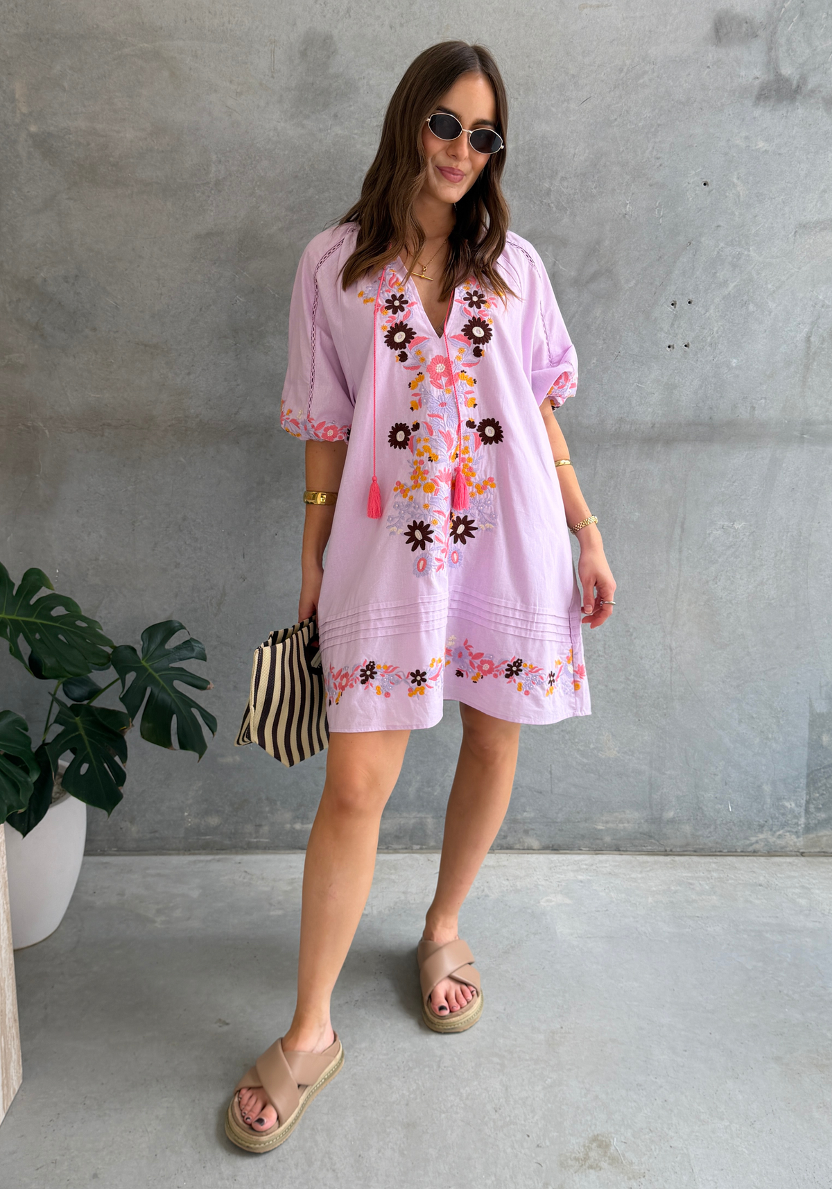 SANDRA EMBROIDERED MINI DRESS - LILAC