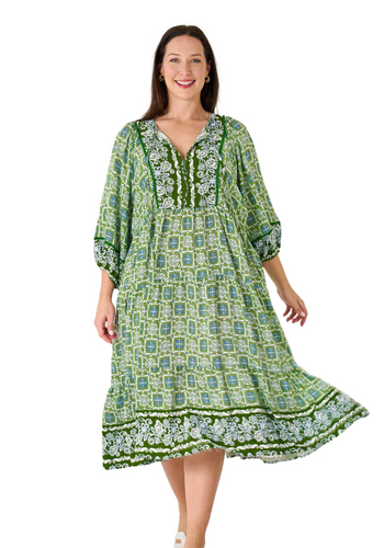 ARROYO BATWING MIDI DRESS - GREEN PRINT