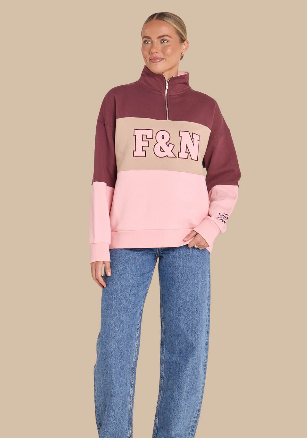 FEATHER + NOISE VARSITY LOGO SWEATER - PINK PLUM