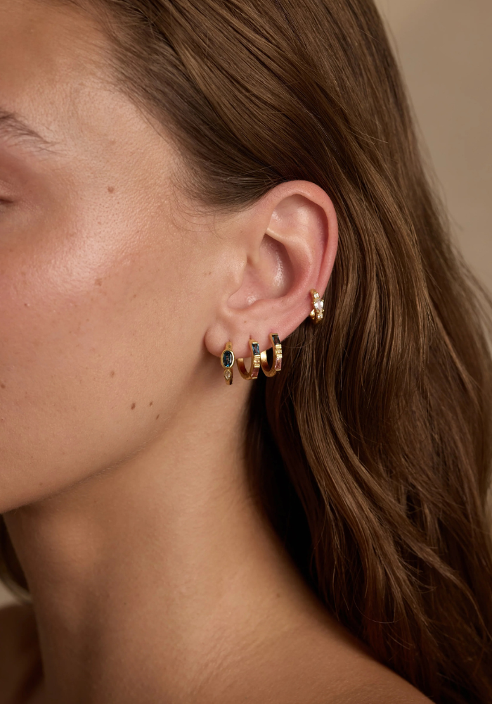 TONI MAY LONDON TEXTURED GOLD HUGGIES - BLUE TOPAZ