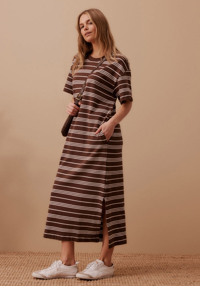 CERES LIFE CHARLOTTE MIDI TERRY DRESS - CHOCOLATE WHITE STRIPE