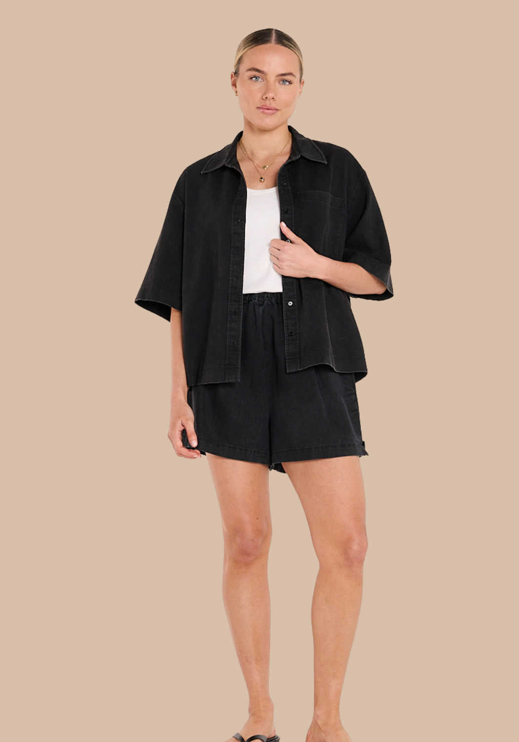 FEATHER + NOISE ARLO CROPPED SHIRT - BLACK
