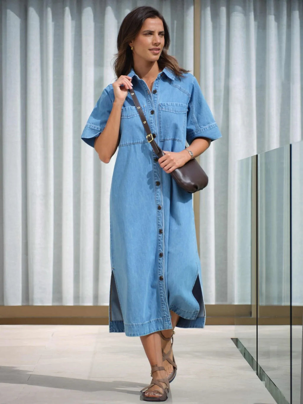 CERES LIFE AVA YOKE DETAIL MIDI DRESS - VINTAGE BLUE