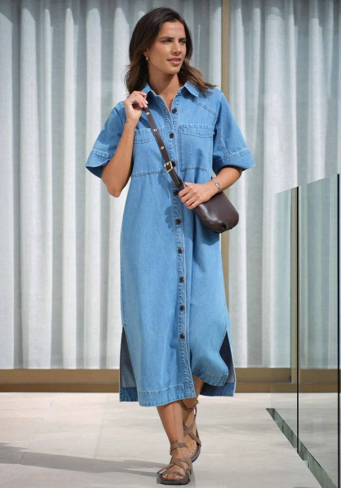 CERES LIFE AVA YOKE DETAIL MIDI DRESS - VINTAGE BLUE