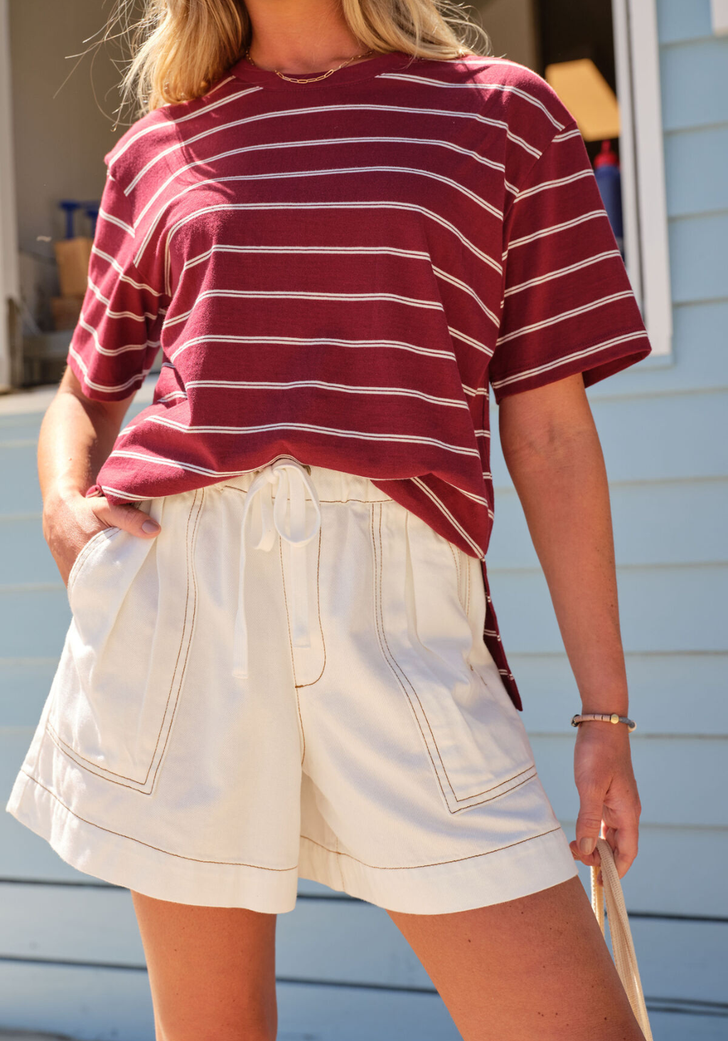 CERES LIFE STEVIE SLOUCHY TEE - BURGUNDY MILK STRIPE