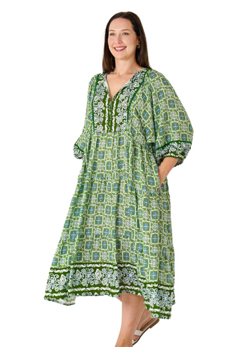 ARROYO BATWING MIDI DRESS - GREEN PRINT