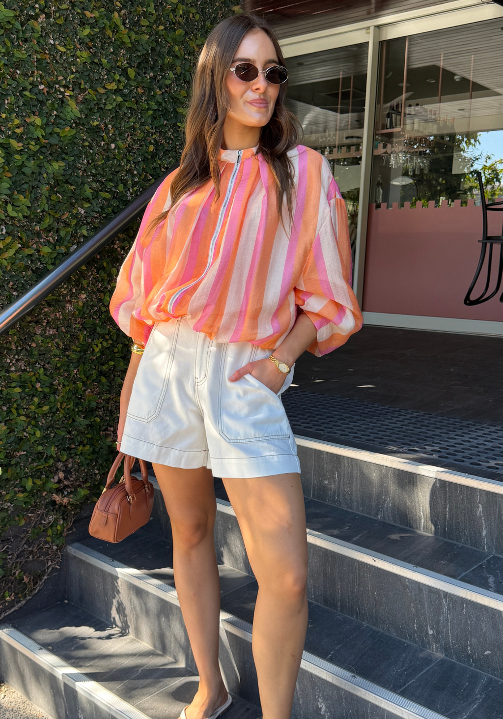 JENNI ZIP BLOUSE - ORANGE & PINK STRIPE