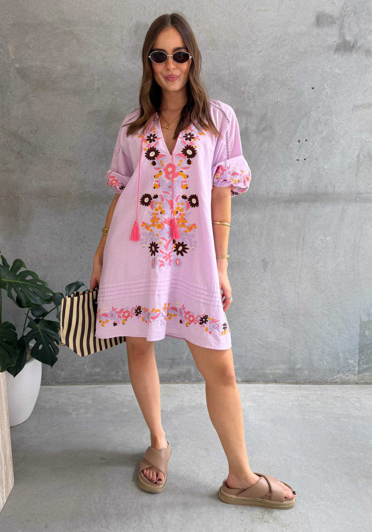 SANDRA EMBROIDERED MINI DRESS - LILAC